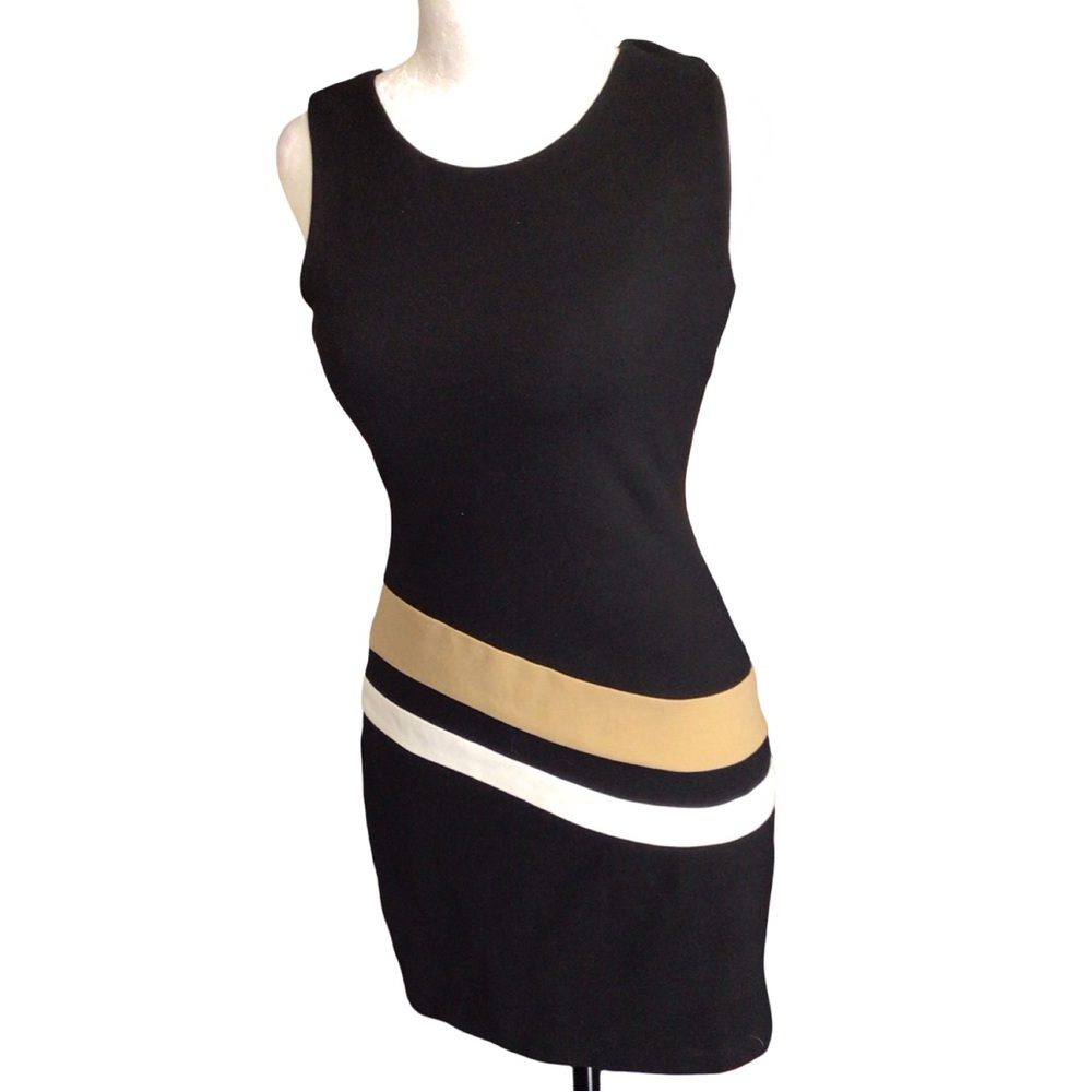 Chic Black Mini Dress with Gold and White Accents